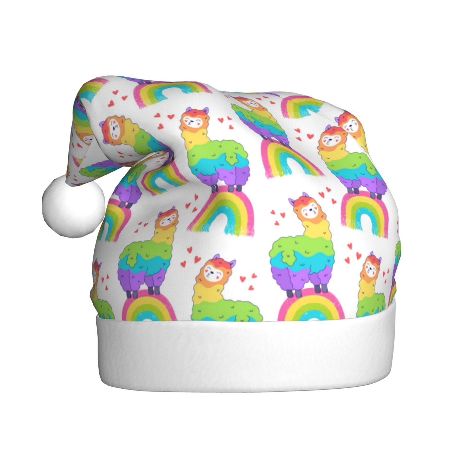 KLL Christmas Hats for Adults Plush Rainbow Llama Print Santa Hat Xmas Fluffy Santa Claus Hat for Women Men