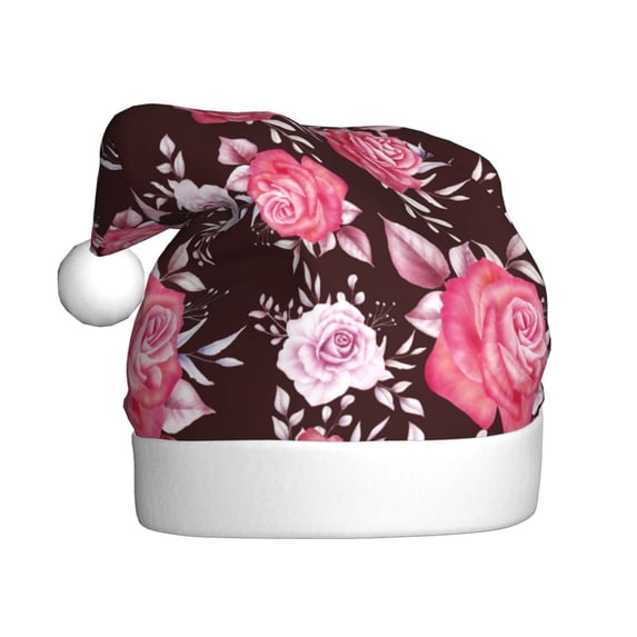 KLL Christmas Hats for Adults Plush Rose Flowers Print Santa Hat Xmas Fluffy Santa Claus Hat for Women Men