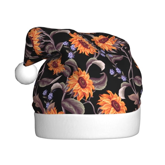 KLL Christmas Hats for Adults Plush Sunflowers Print Santa Hat Xmas Fluffy Santa Claus Hat for Women Men