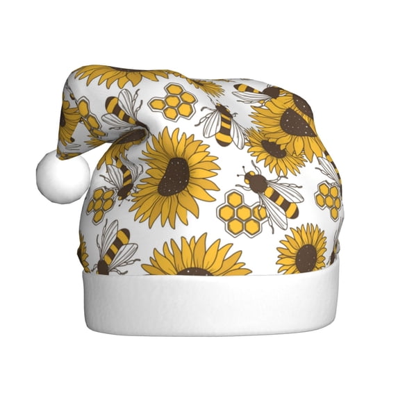 KLL Christmas Hats for Adults Plush Sunflowers and Bees Print Santa Hat Xmas Fluffy Santa Claus Hat for Women Men