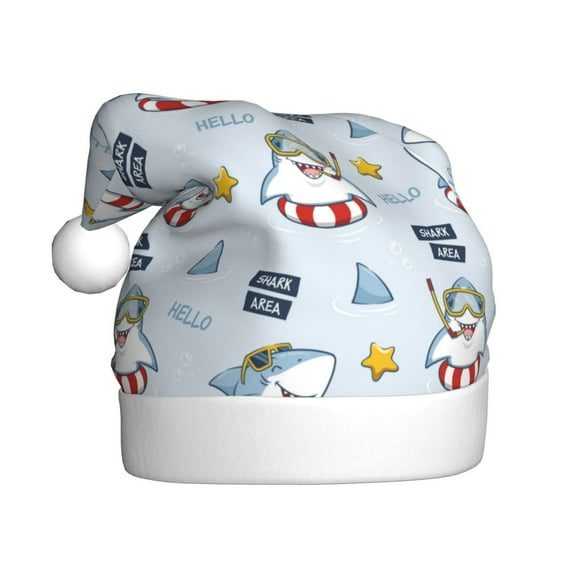 KLL Christmas Hats for Adults Plush Swimming Shark Print Santa Hat Xmas Fluffy Santa Claus Hat for Women Men