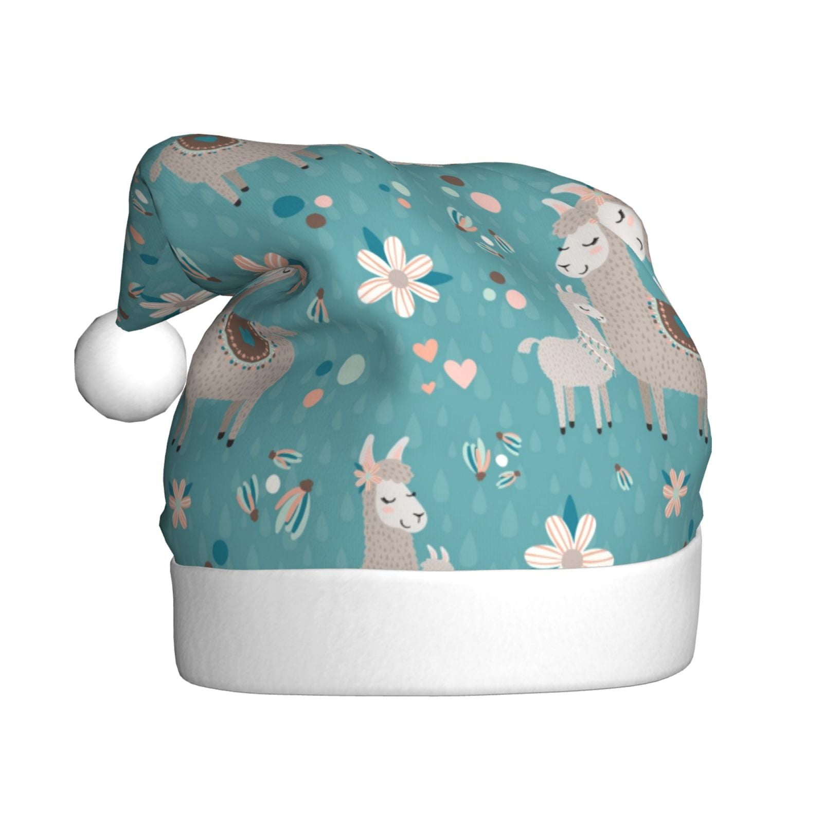 KLL Christmas Hats for Adults Plush Teal Mama Llama Print Santa Hat Xmas Fluffy Santa Claus Hat for Women Men