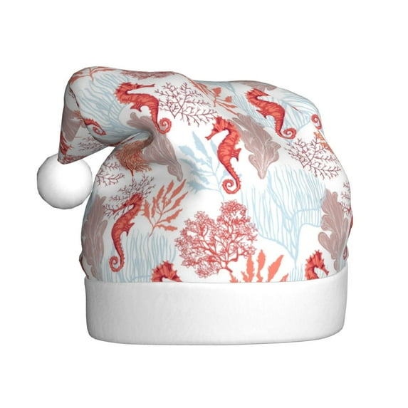 KLL Christmas Hats for Adults Plush Tropical Corals Seahorse Print Santa Hat Xmas Fluffy Santa Claus Hat for Women Men