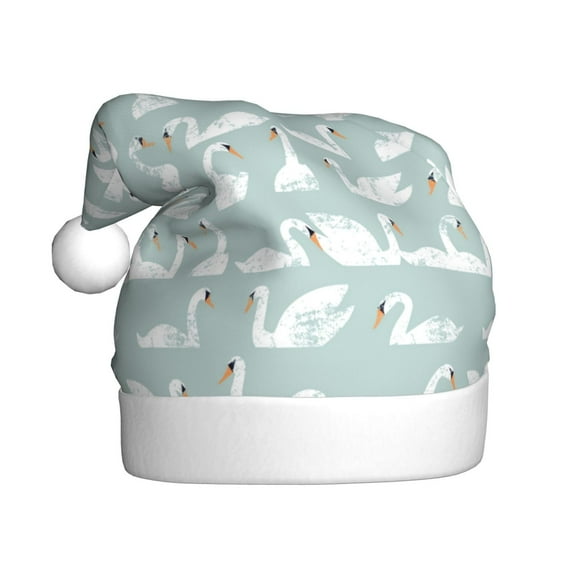 KLL Christmas Hats for Adults Plush White Swan Print Santa Hat Xmas Fluffy Santa Claus Hat for Women Men
