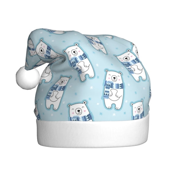 KLL Christmas Hats for Adults Plush blue Scarf Bear Print Santa Hat Xmas Fluffy Santa Claus Hat for Women Men