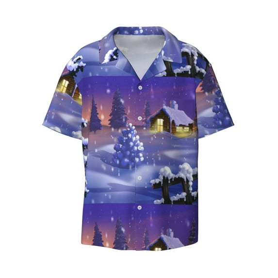 KLL Christmas Igloo Print Men's Shirt Short Sleeve Button Down Summer Cuba Beach Shirts- 4X-Large