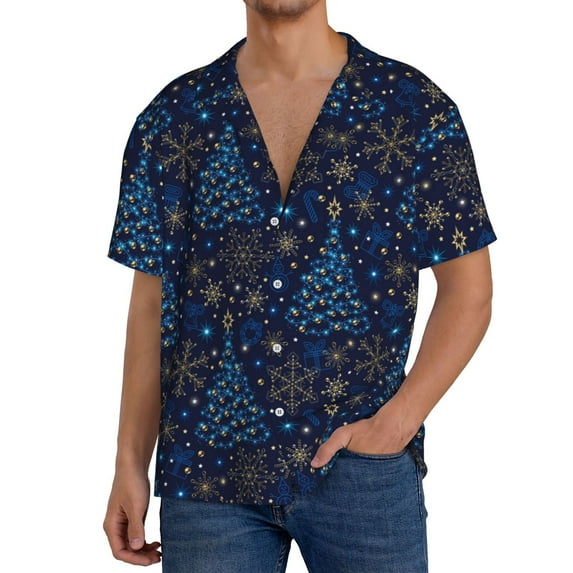 KLL Christmas Tree Print Men's Shirt Short Sleeve Button Down Summer Cuba Beach Shirts- Medium