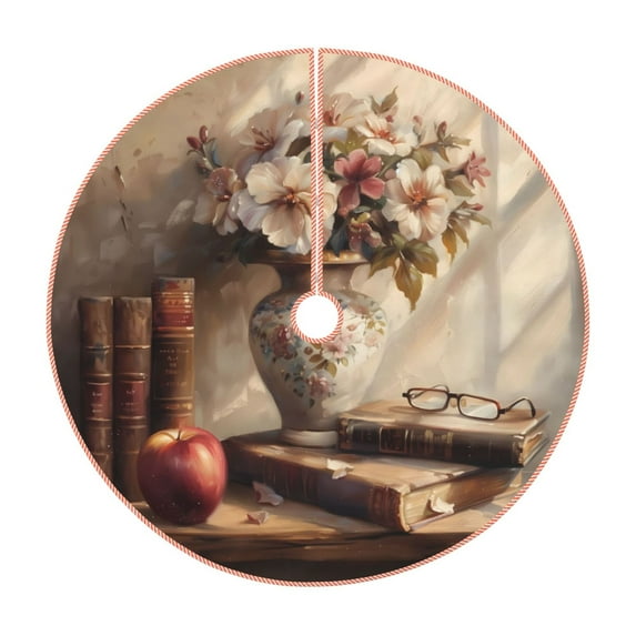 KLL Christmas Tree Skirt,Party Decorations Farmhouse for Christmas Decorations Holiday Party 30" -Vintage Floral Vase With Books