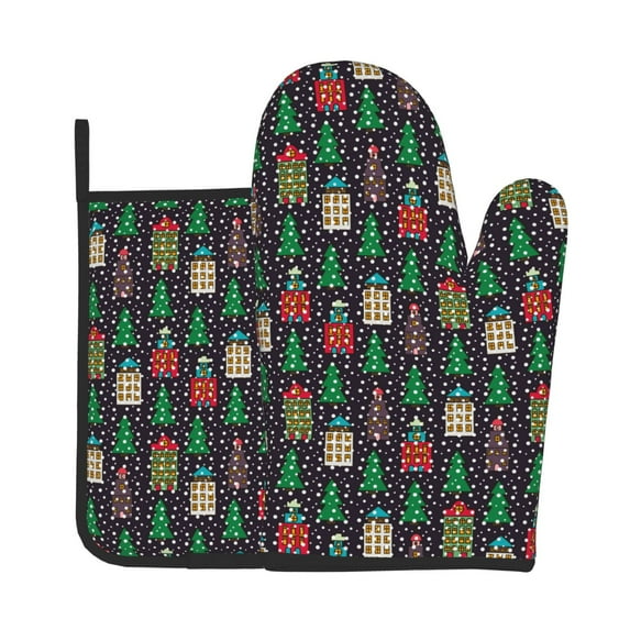 KLL Christmas Trees And Houses Pattern Oven Mitts and Pot Holders 2pcs Sets for Kitchen, Oven Mitt Heat Resistant 536°F, Oven Gloves for Kitchen,Cooking and Baking