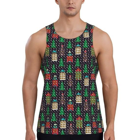 KLL Christmas Trees And Houses Print Men's Muscle Gym Workout Stringer Tank Tops Bodybuilding Fitness T-Shirts Tank Tops Men-Small