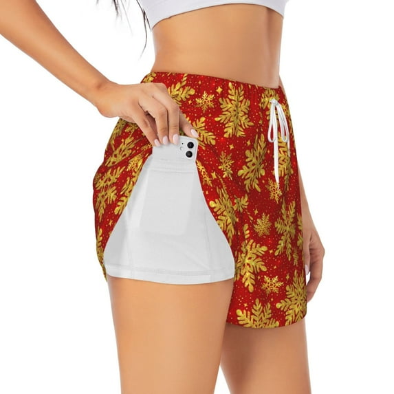 KLL Christmas With Gold Snowflakes Pattern Shorts Women,Athletic Shorts High Waisted Running Shorts Pocket Sporty Short Gym Elastic Workout Shorts-XX-Large