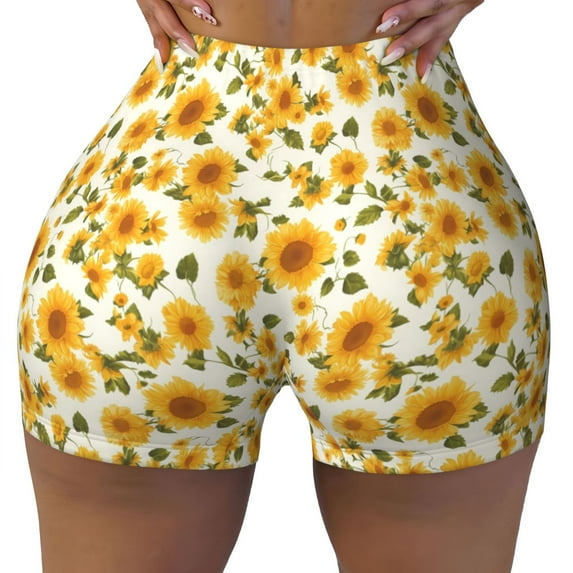 KLL Classical Cute Sunflower Pattern Workout Shorts for Women Scrunch Short Gym Yoga Running Sport Active Exercise Fitness Shorts