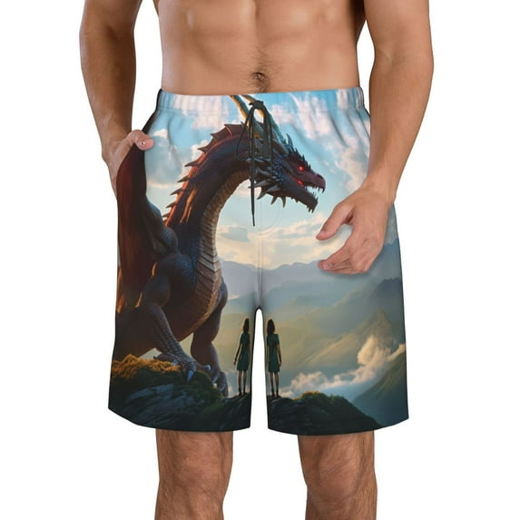 KLL Clear Sky Mountain Red Dragon Men's Casual Summer Beach Shorts Hawaiian Shorts with Pockets-