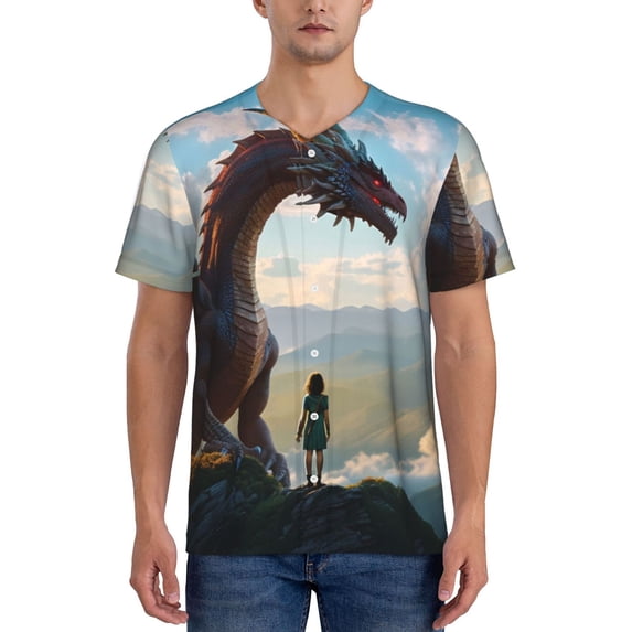 KLL Clear Sky Mountain Red Dragon for Men's Baseball Shirts,Short Sleeve Casual Shirts Button Down Shirt for Men Beach Summer Wedding Shirt-Medium