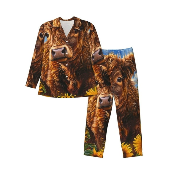 KLL Cloud Sky Sunflower Cow Sleepwear Mens Flannel Pajamas,Long Cotton Pj Set