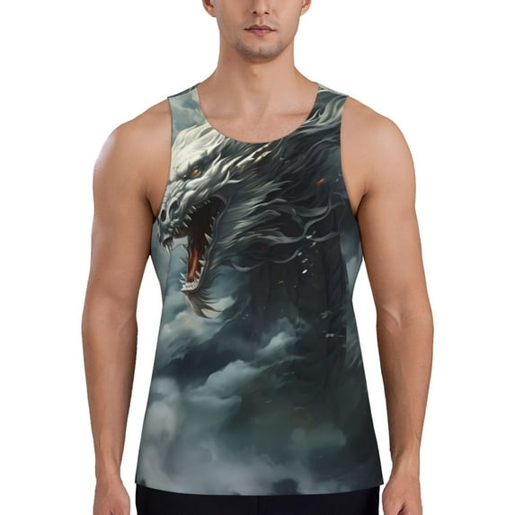 KLL Cloud White Dragon Print Men's Muscle Gym Workout Stringer Tank Tops Bodybuilding Fitness T-Shirts Tank Tops Men-Medium