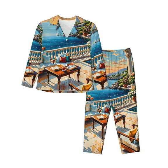 KLL Coastal Style Garden Villa Print Women's Long Sleeve Pajamas with Pants Sleepwear Loungewear 2 Set-XX-Large