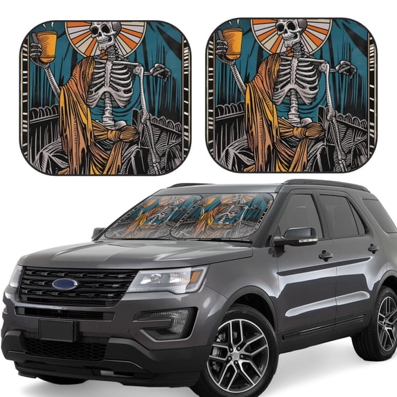 KLL Coffee-Drinking Skull Windshield Sun Shade 2-Piece Foldable Car Front Window Sunshade for Most Sedans SUV Truck- Medium
