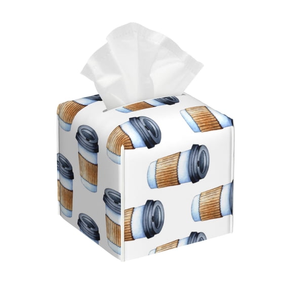 KLL Coffee To Go Pattern Print Tissue Box Cover,Leather Tissue Holder Square Facial Tissue Case Facial Paper Organizer Dispenser for Bathroom, Vanity Countertop