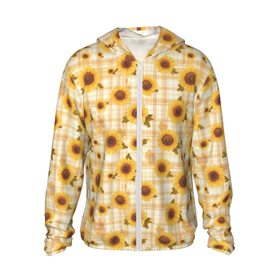 KLL Coffee Plaid Sunflower Print Men's Women’s UPF 50+ Sun Protection Outdoor Hoodie Jacket Long Sleeve Fishing Hiking Performance Shirt-Large