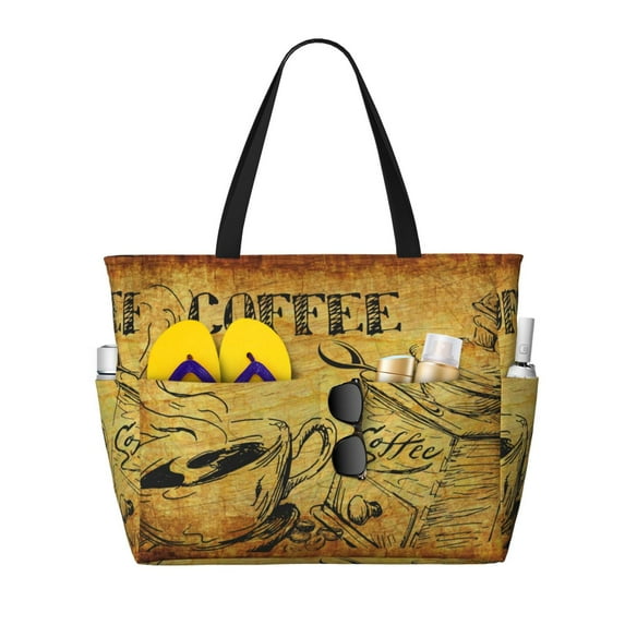 KLL Coffee Vintage Print Large Beach Tote Bag Women Waterproof Sandproof Zipper Beach Tote Bag for Pool Gym Grocery Travel with Wet Pocket