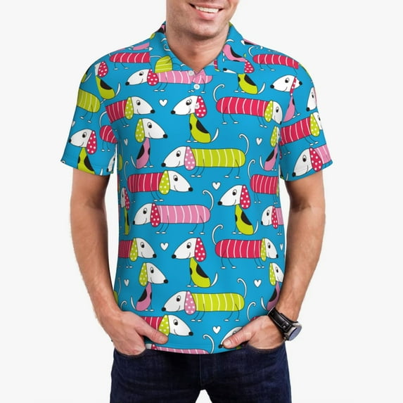 KLL Color Dachshund Dog Print Men's Short Sleeve Golf Polo,Three-Button Polo Shirts Summer Fashion Golf Shirt-Medium