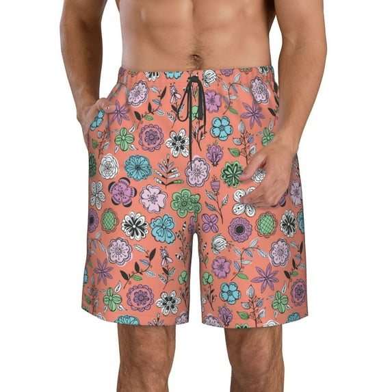 KLL Color Flowers Men's Casual Summer Beach Shorts Hawaiian Shorts with Pockets-Small