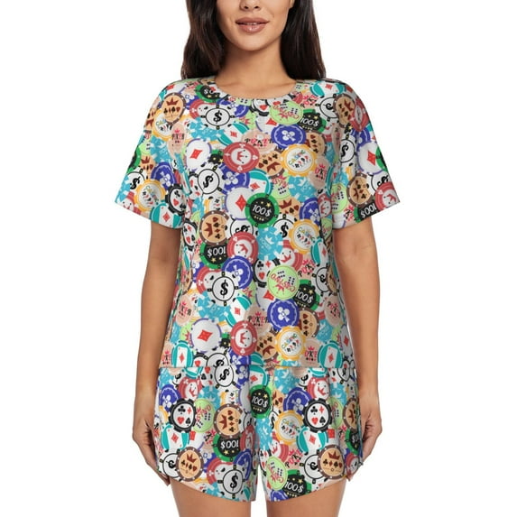 KLL Colored Casino Chips Print Pajama Set for Women Short Sleeve Sleepwear Pjs Soft 2 Piece Lounge Sleepwear Sets-3X-Large