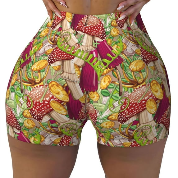 KLL Colored Large Mushrooms and Leaves Pattern Workout Shorts for Women Scrunch Short Gym Yoga Running Sport Active Exercise Fitness Shorts