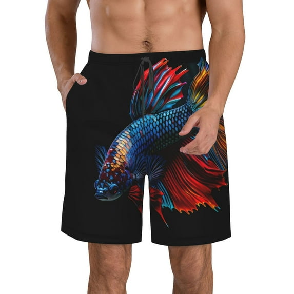KLL Colorful Betta Fish Men's Casual Summer Beach Shorts Hawaiian Shorts with Pockets-Large