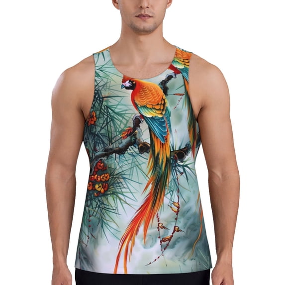 KLL Colorful Birds Pine Branch Print Men's Muscle Gym Workout Stringer Tank Tops Bodybuilding Fitness T-Shirts Tank Tops Men-Large