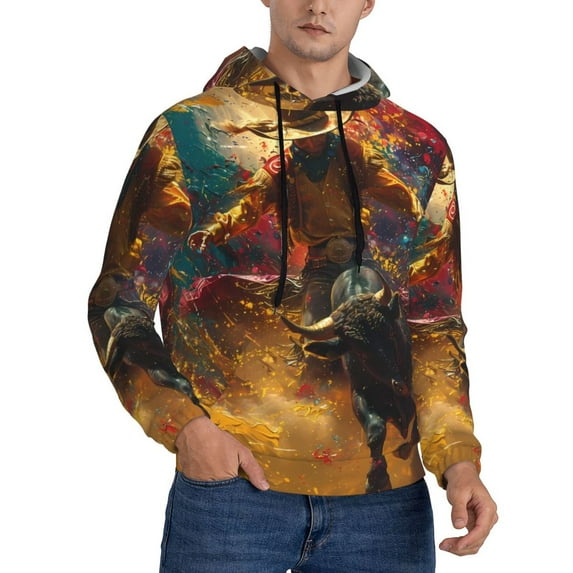KLL Colorful Bull Western Man Print Mens Hoodie Long Sleeve Casual Pullover Hooded Sweatshirt Fashion Drawstring Hoodies with Pocket-XX-Large