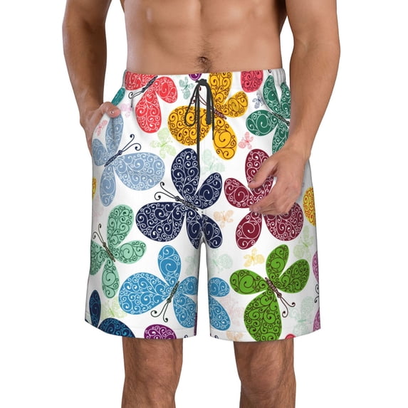 KLL Colorful Butterflies Men's Casual Summer Beach Shorts Hawaiian Shorts with Pockets-X-Large