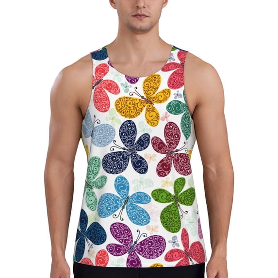 KLL Colorful Butterflies Print Men's Muscle Gym Workout Stringer Tank Tops Bodybuilding Fitness T-Shirts Tank Tops Men-X-Large