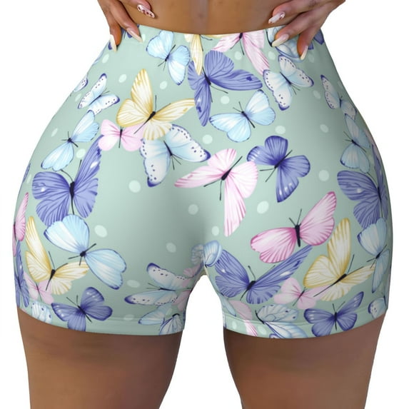 KLL Colorful Butterfly Pattern Workout Shorts for Women Scrunch Short Gym Yoga Running Sport Active Exercise Fitness Shorts