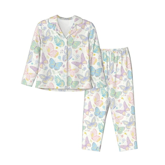 KLL Colorful Butterfly Print Women's Long Sleeve Pajamas with Pants Sleepwear Loungewear 2 Set-Large