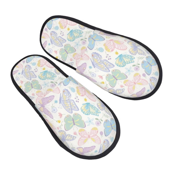 KLL Colorful Butterfly Slippers for Women Men House Slip on Indoor Outdoor Bedroom Furry Fleece Lined Ladies Comfy Anti-Skid Rubber Hard Sole-Large