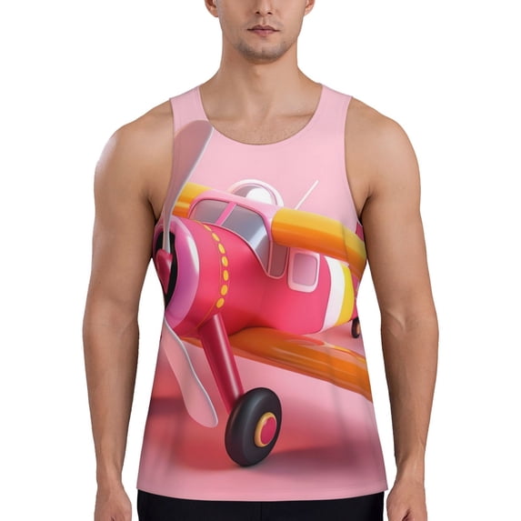 KLL Colorful Cartoon Biplane Print Men's Muscle Gym Workout Stringer Tank Tops Bodybuilding Fitness T-Shirts Tank Tops Men-3X-Large