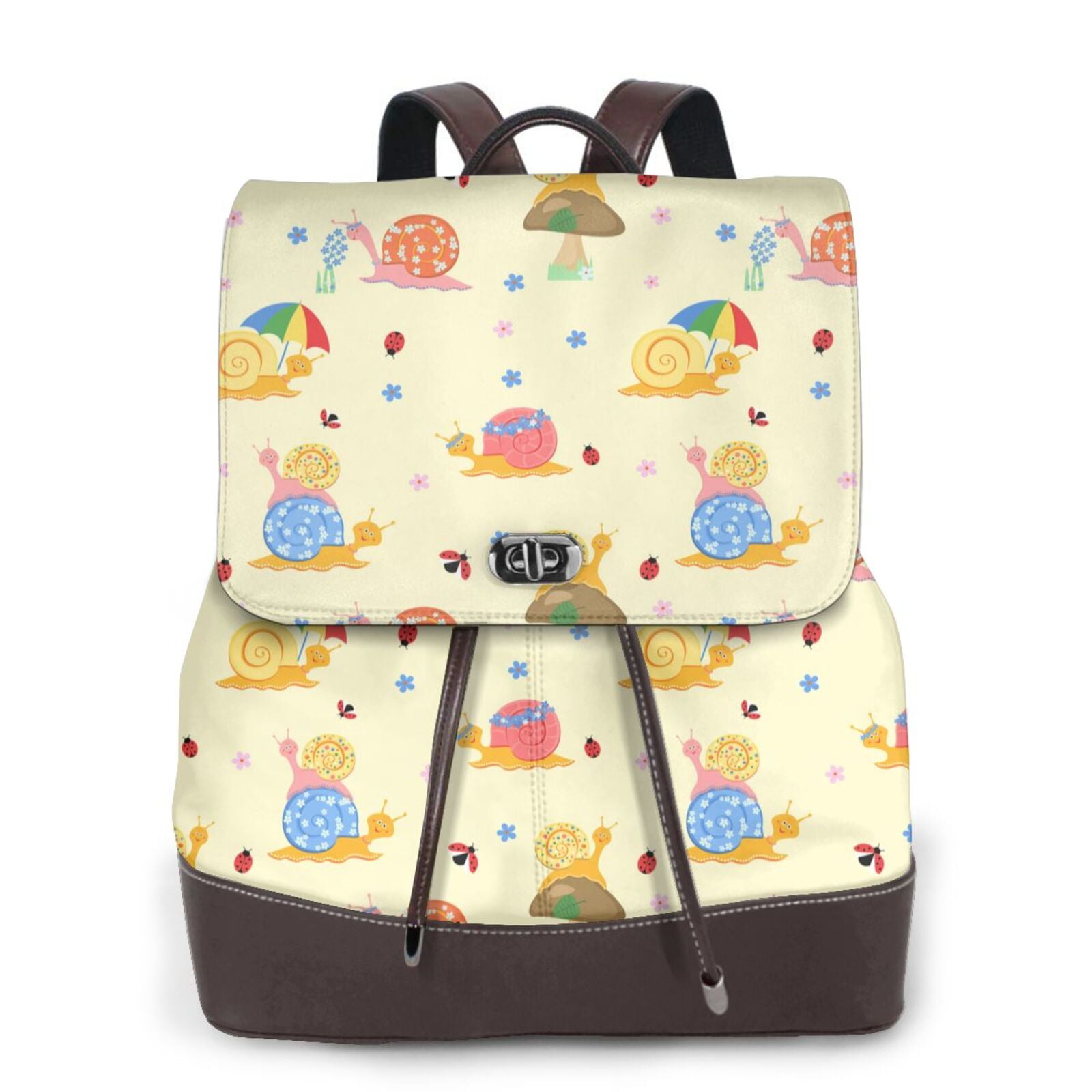 KLL Colorful Cartoon Snail Print Leather Backpack,PU Leather Laptop ...