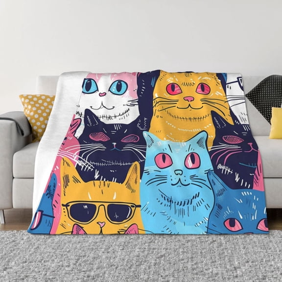 KLL Colorful Cats Pattern Art Print Fleece Throw Blanket, Horizontal Fleece Bedding Cute Soft Blankets Comfy Fleece Flannel Plush Home Decor for Couch & Bed -50"x40"
