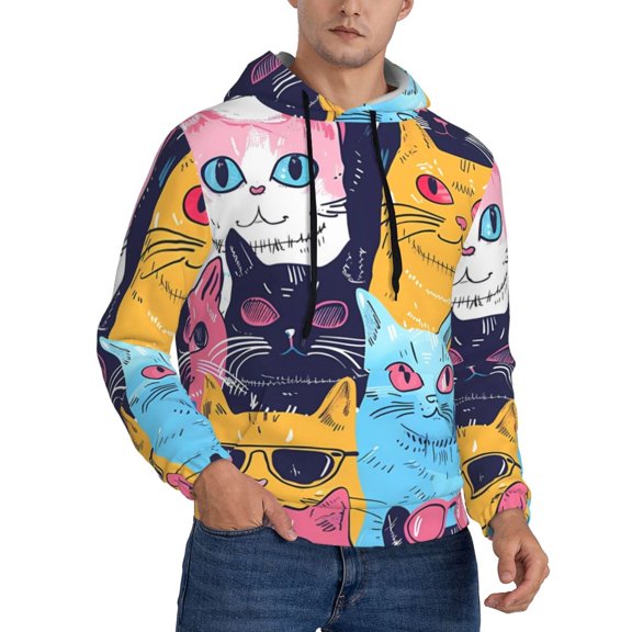KLL Colorful Cats Pattern Art Print Mens Hoodie Long Sleeve Casual Pullover Hooded Sweatshirt Fashion Drawstring Hoodies with Pocket-4X-Large