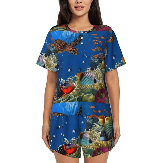 KLL Colorful Coral Reef Print Pajama Set for Women Short Sleeve Sleepwear Pjs Soft 2 Piece Lounge Sleepwear Sets-Medium