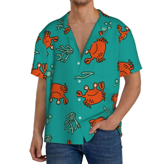 KLL Colorful Crab Print Men's Shirt Short Sleeve Button Down Summer Cuba Beach Shirts- Small