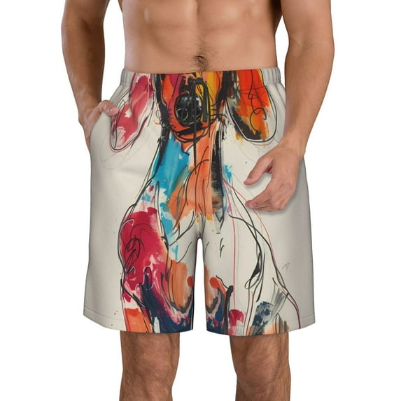 KLL Colorful Dachshund Art Men's Casual Summer Beach Shorts Hawaiian Shorts with Pockets-Large