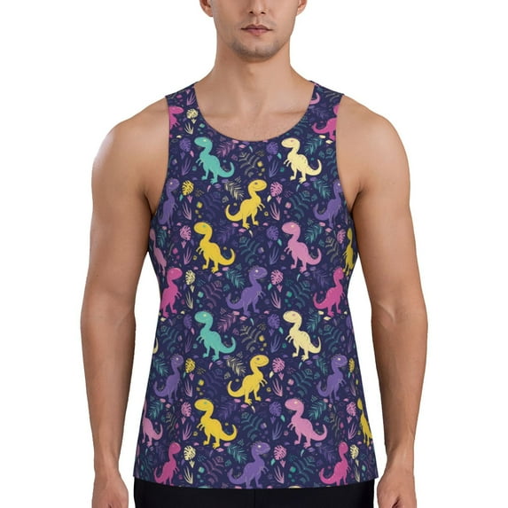 KLL Colorful Dinosaur Print Men's Muscle Gym Workout Stringer Tank Tops Bodybuilding Fitness T-Shirts Tank Tops Men-3X-Large