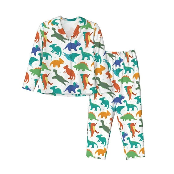 KLL Colorful Dinosaur Print Women's Long Sleeve Pajamas with Pants Sleepwear Loungewear 2 Set-Small