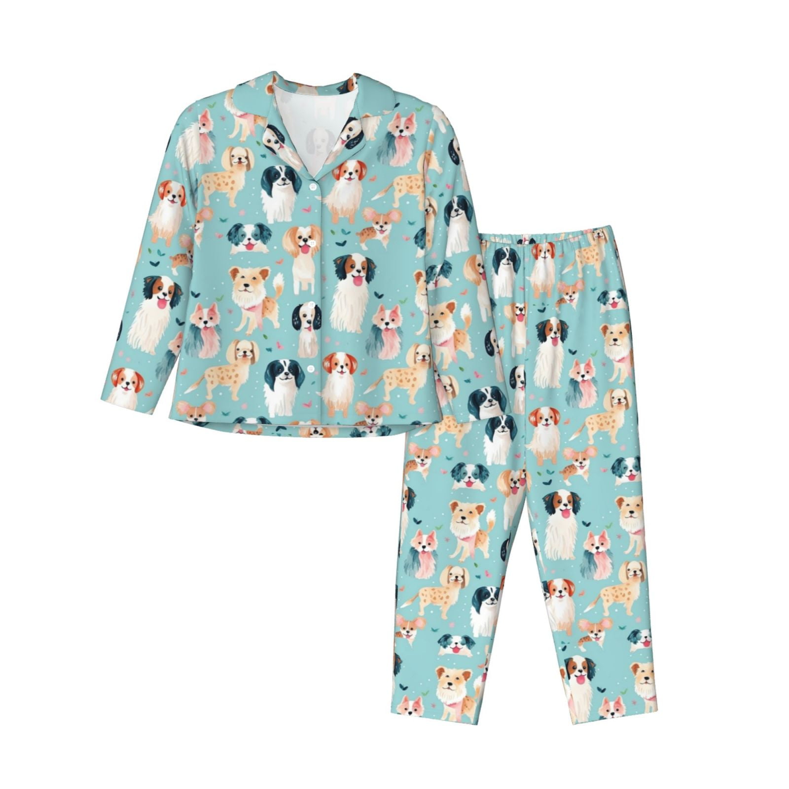 KLL Colorful Dog Print Women's Long Sleeve Pajamas with Pants Sleepwear ...
