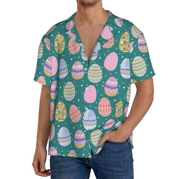 KLL Colorful Easter eggs Print Men's Shirt Short Sleeve Button Down Summer Cuba Beach Shirts-Medium