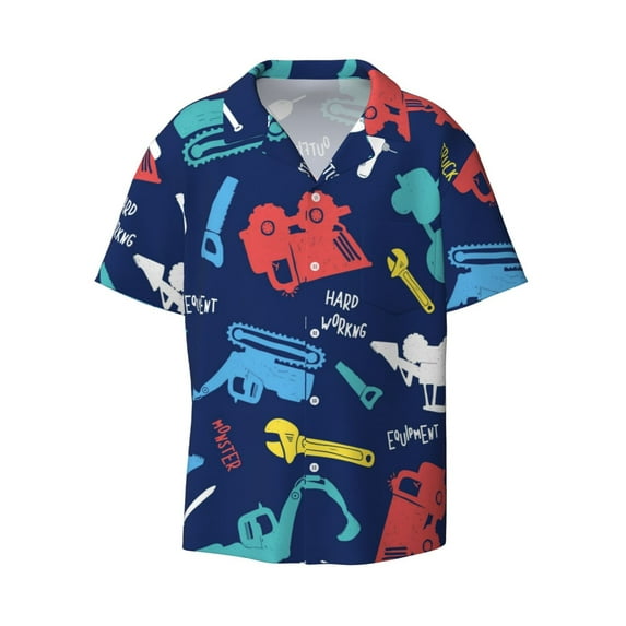 KLL Colorful Excavator Print Men's Shirt Short Sleeve Button Down Summer Cuba Beach Shirts- Medium