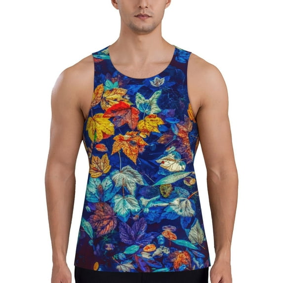 KLL Colorful Fall Leaves Print Men's Muscle Gym Workout Stringer Tank Tops Bodybuilding Fitness T-Shirts Tank Tops Men-4X-Large
